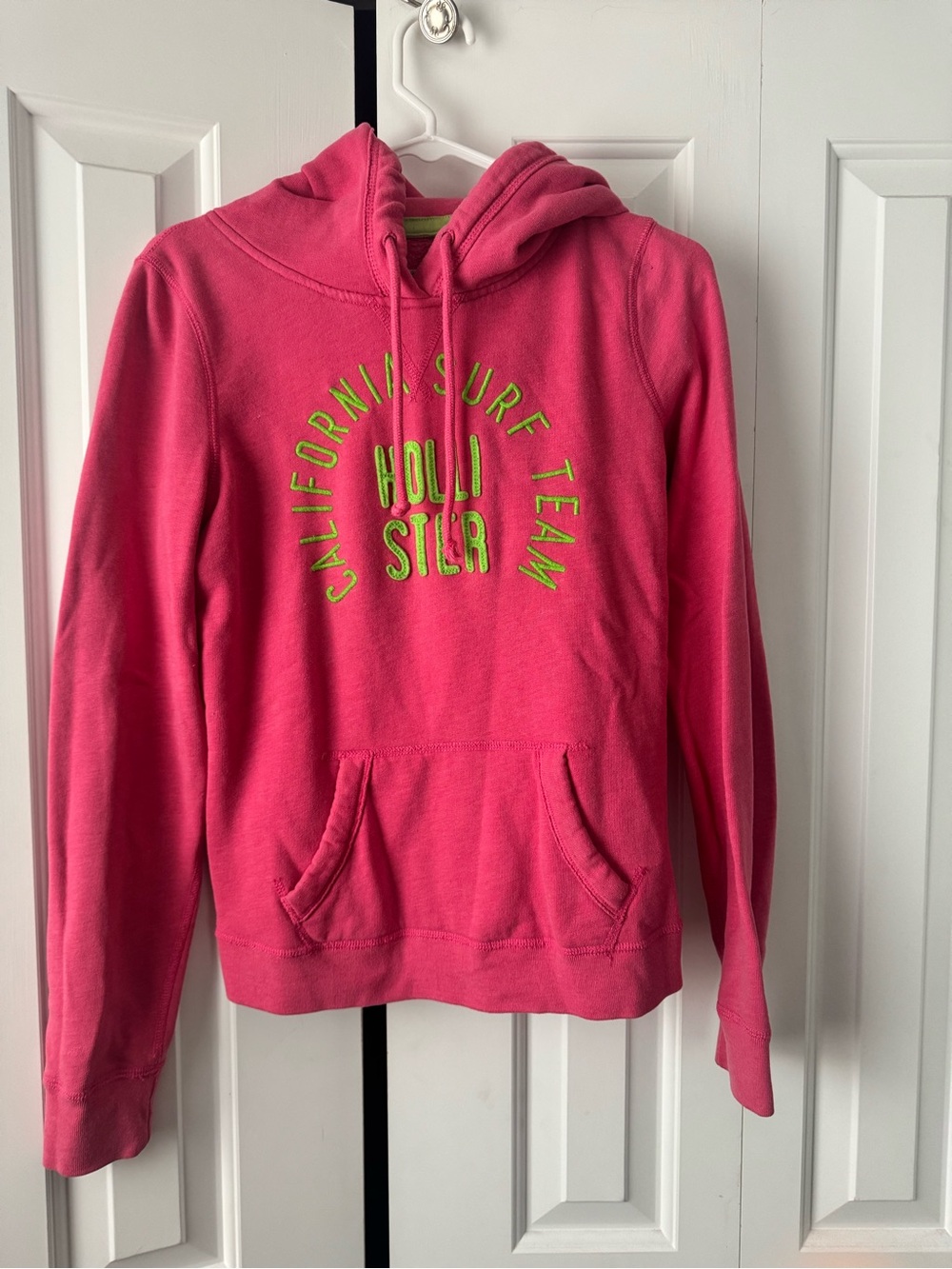 Hollister Hot Pink Hooded Sweatshirt with Lime Green Embroidery